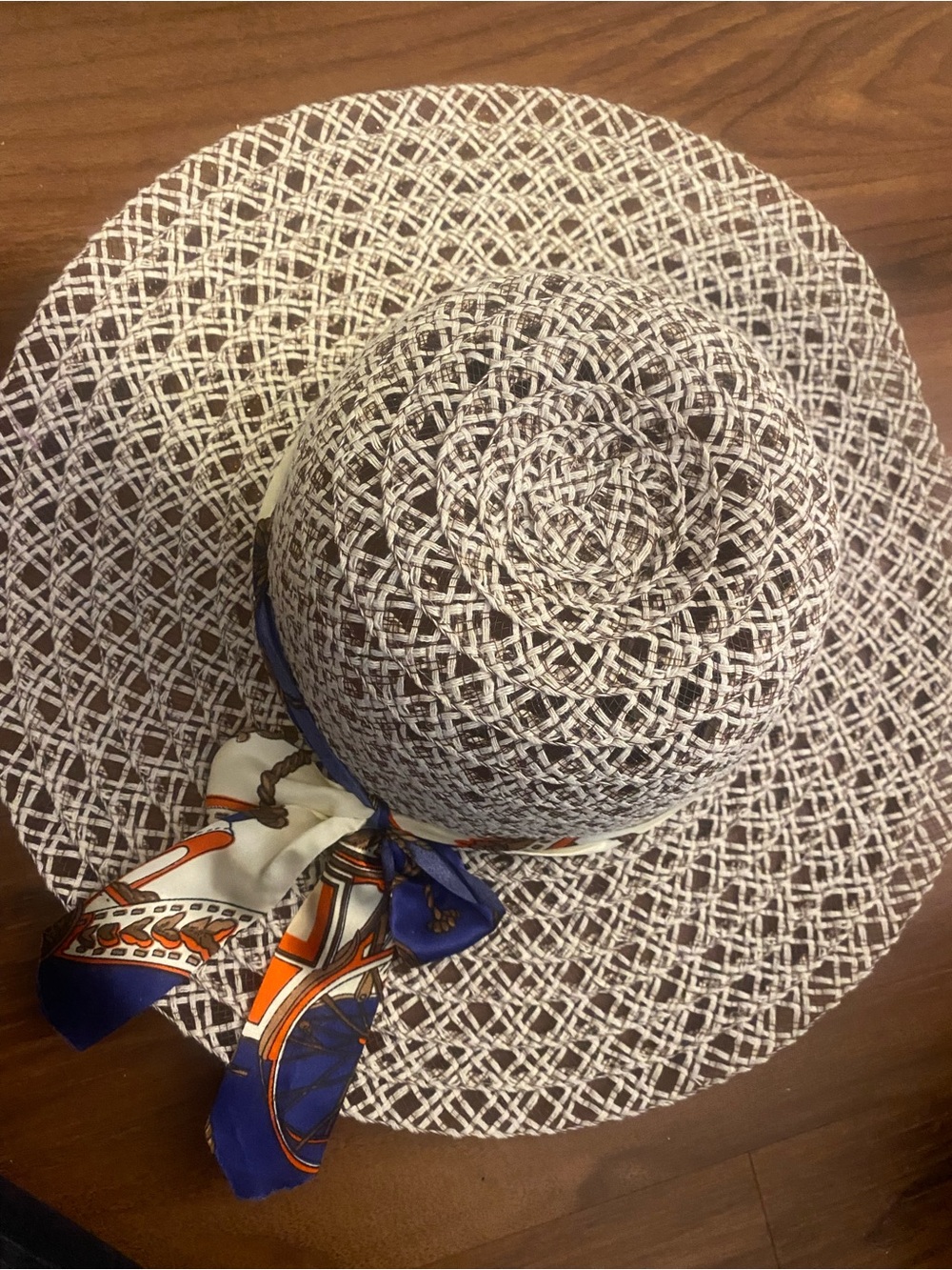 Wide Brim Straw Sun Hat with Blue & Orange Scarf Accent